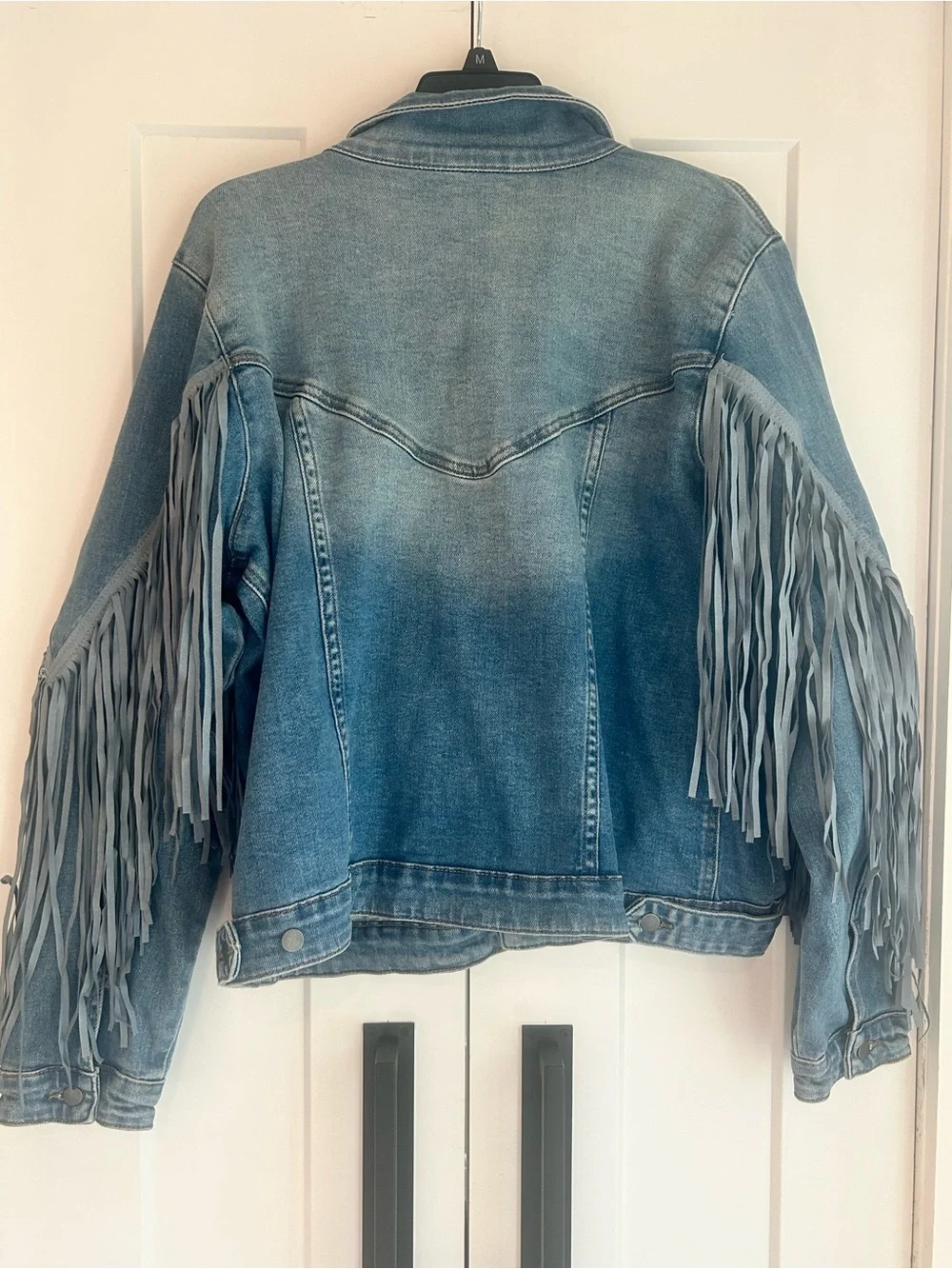 Rock & Roll Denim Light Wash Tonal Suede Fringe Button-Down Jacket - Picture 4 of 10